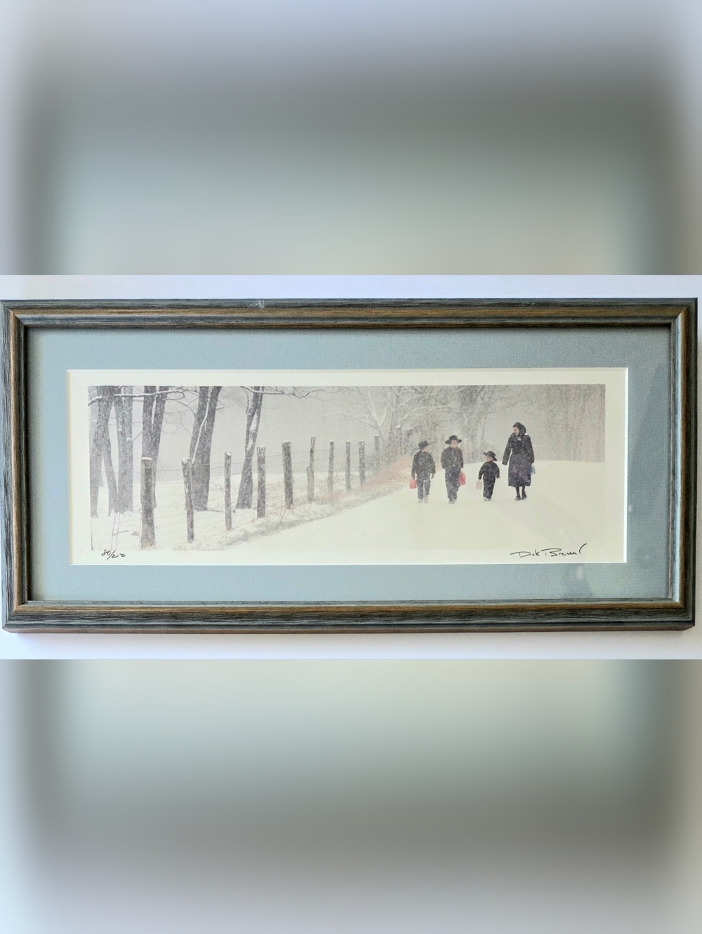 DICK BROWN FRAMED PHOTOGRAPH AMISH FAMILY IN WINTER SNOW SIGNED, NUMBERED L.E.
